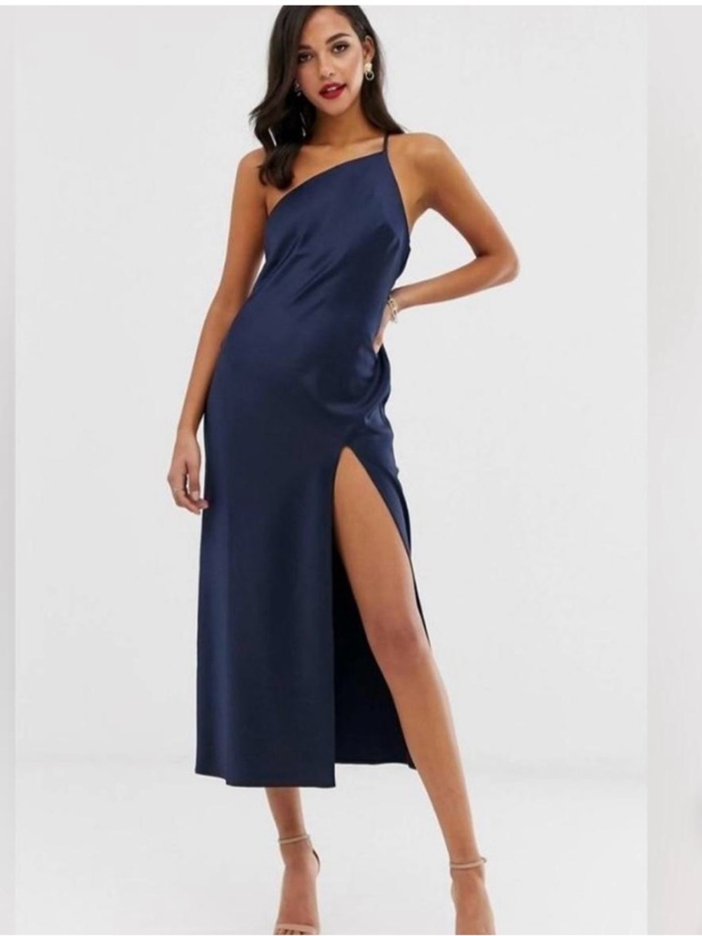 ASOS. Navy One Shoulder Front Slit Midi Dress in Navy Satin Size 2